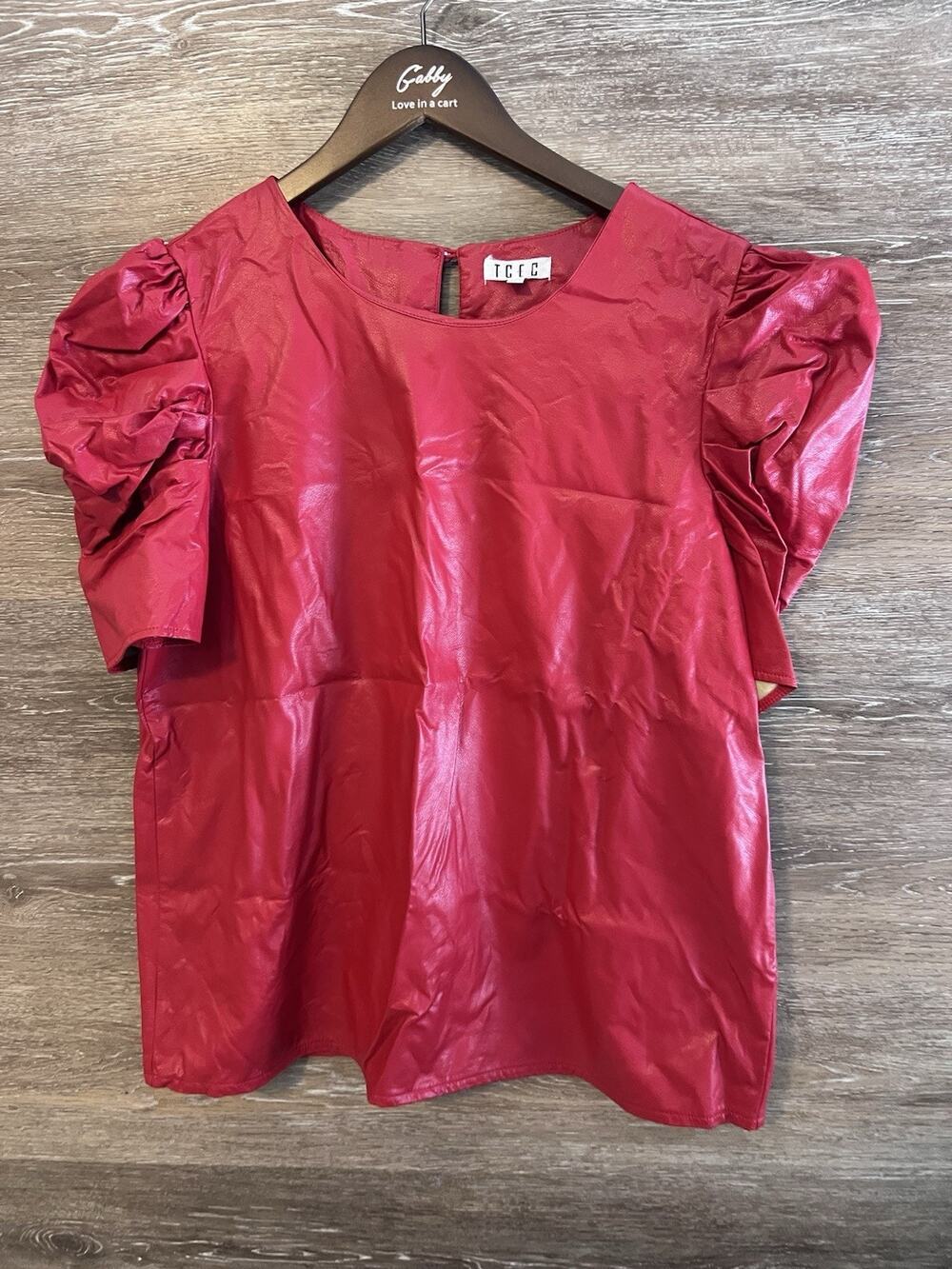 TCEC Top Size Large Red Puffy Sleeves Scoop Neck Trendy Evening Casual Wet Look
